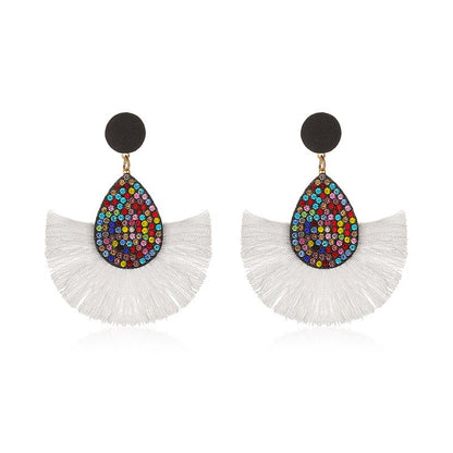 New Retro Exaggerated Colored Diamond Bohemian Creative Fan-shaped Tassel Earrings Wholesale