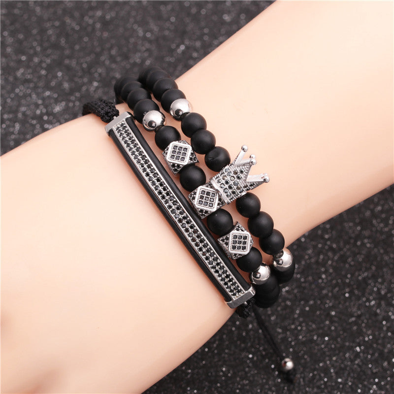 New Hot-selling 6mm Frosted Stone Crown Three-cut Round Leather Strap Beaded Copper Bracelet For Women