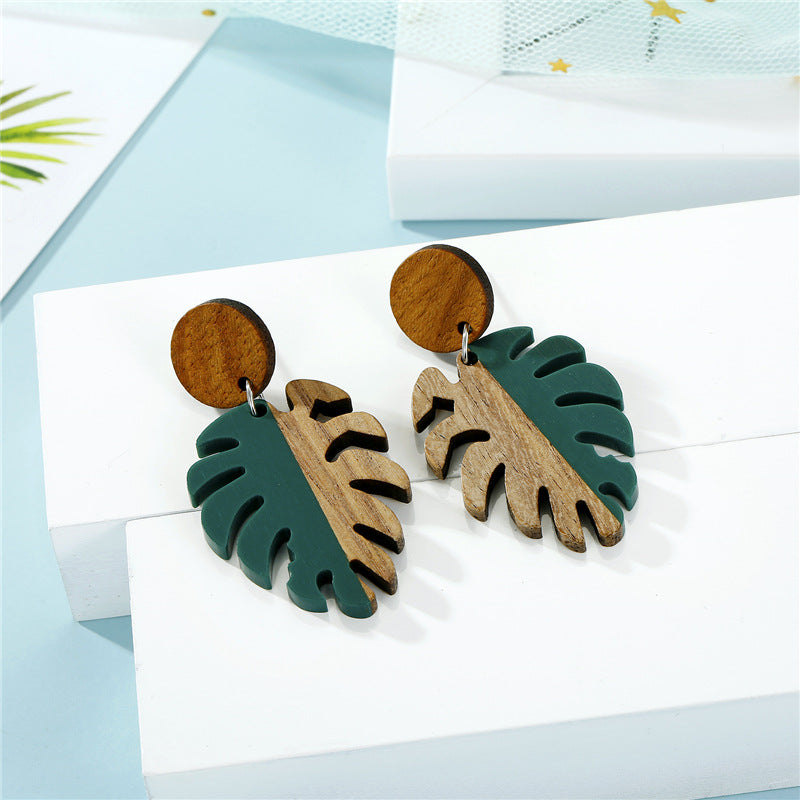 Fashion Hollow Leaf Wood  Retro  Wood Resin Earrings For Women