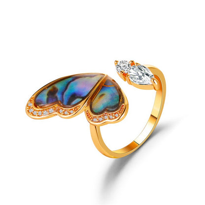 New Fantasy Seashell Wings Colorful Butterfly Micro-inlaid Zircon Copper Open Ring