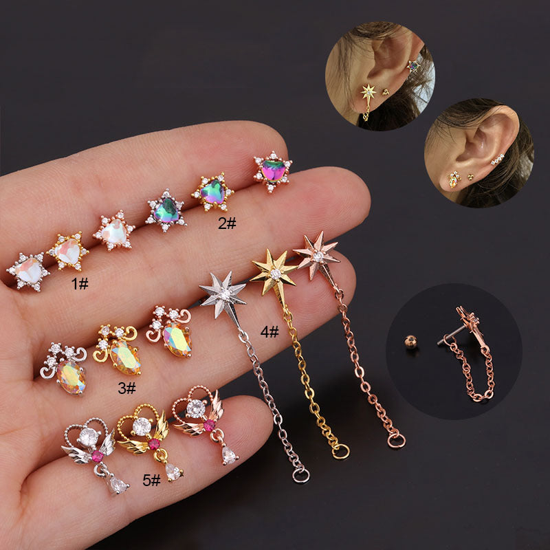 Korean Creative Inlaid Colorful Zircon Flower Piercing Stainless Steel Thread Earrings