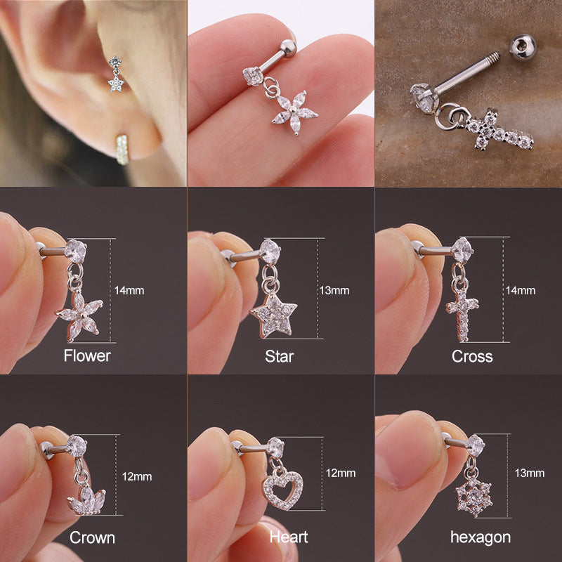 Pierced Stainless Steel Screw Micro-inlaid Zircon Pendant Flower Earrings