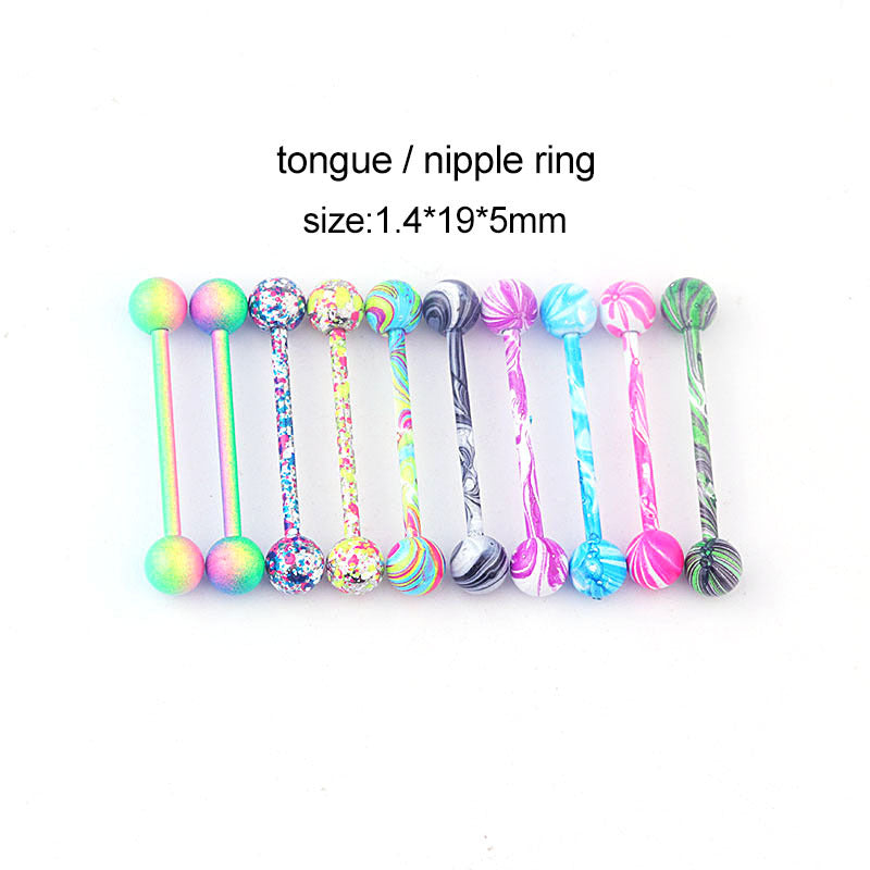 10 Colors Body Piercing Jewelry Stainless Steel Water Grain Paint Tongue Nails Breast Ring