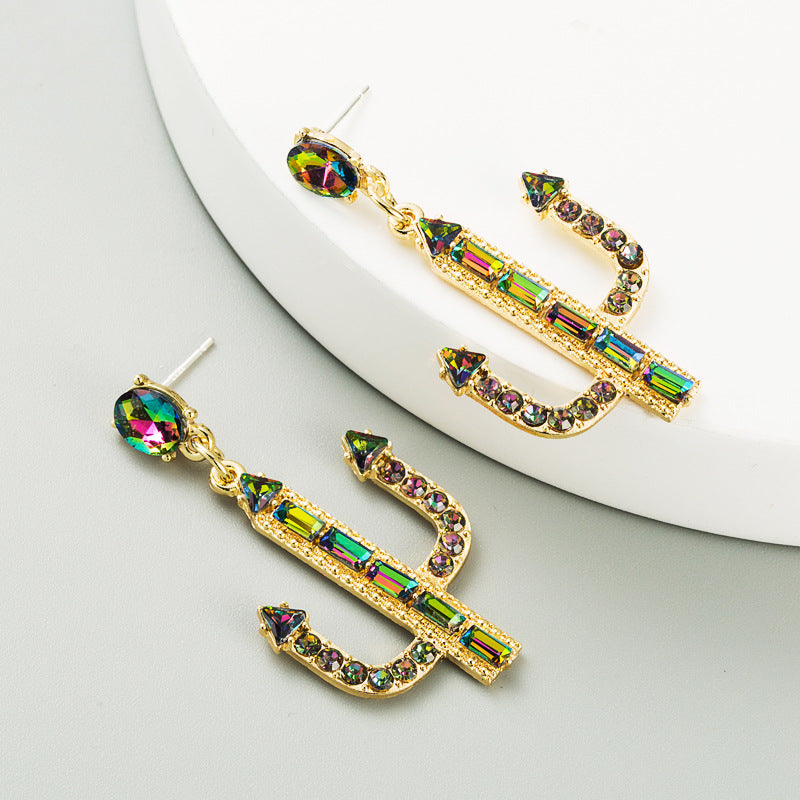 Cactus Alloy Inlaid Rhinestones S925 Silver Needle Hypoallergenic Long Earrings