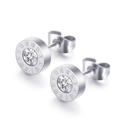 Ig Style Round Roman Numerals Stainless Steel Artificial Rhinestones Ear Studs