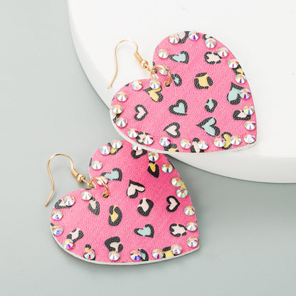 Pu Leather Double-sided Heart-shaped Rhinestones Long Earrings