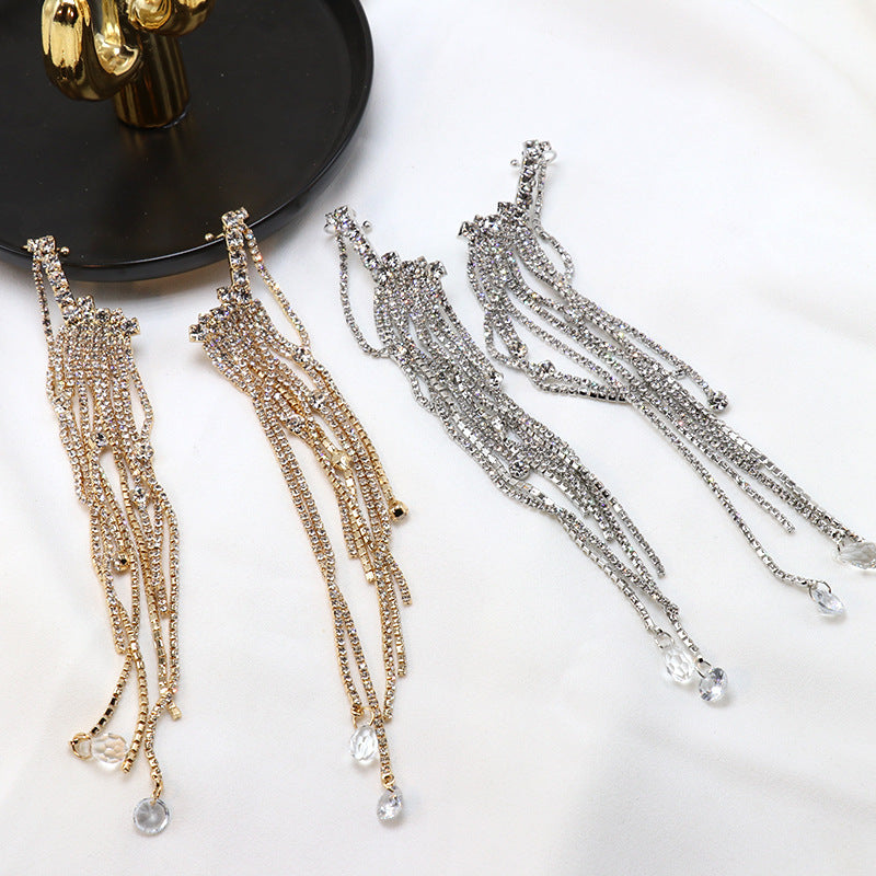 Fashion Inlay Diamond Zircon Crystal Tassel Long Alloy Earrings