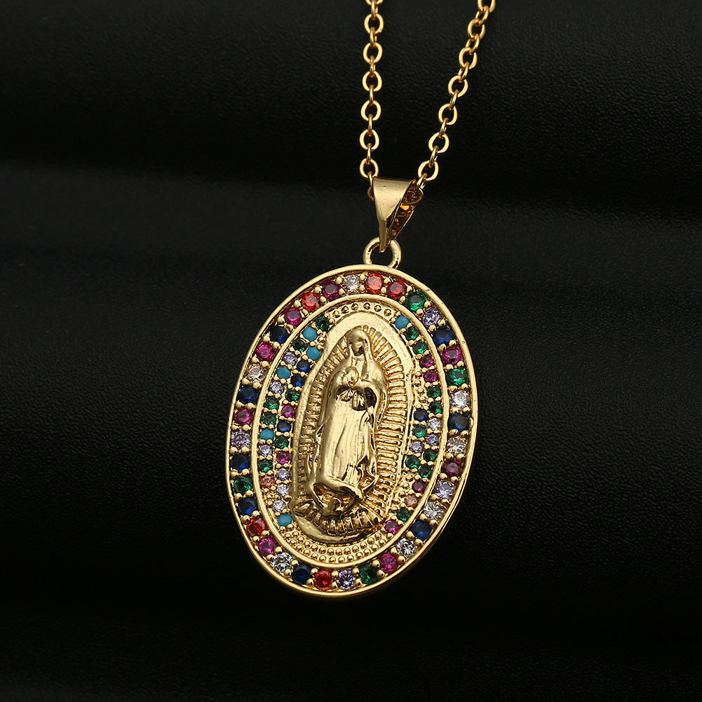 Copper Micro-inlaid Colored Zircon Virgin Mary Pendant Necklace