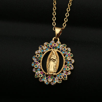 Copper Micro-inlaid Colored Zircon Virgin Mary Pendant Necklace