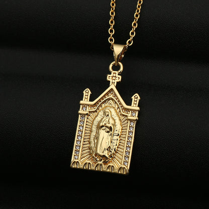 Copper Micro-inlaid Colored Zircon Virgin Mary Pendant Necklace