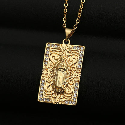 Copper Micro-inlaid Colored Zircon Virgin Mary Pendant Necklace