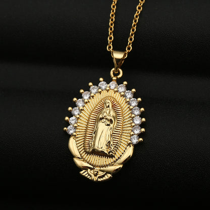 Copper Micro-inlaid Colored Zircon Virgin Mary Pendant Necklace