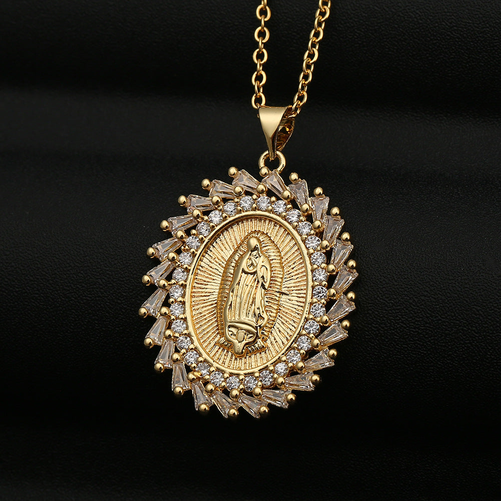 Copper Micro-inlaid Colored Zircon Virgin Mary Pendant Necklace