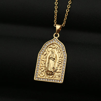 Copper Micro-inlaid Colored Zircon Virgin Mary Pendant Necklace