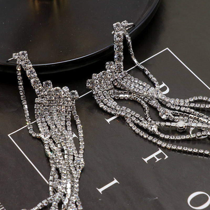 Fashion Inlay Diamond Zircon Crystal Tassel Long Alloy Earrings