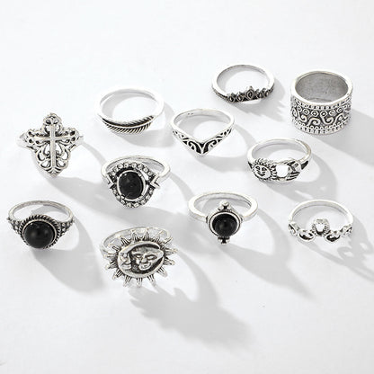 Fashion Vintage Carved Sun Feather Cross Black Gem Ring 11 Piece Set Set