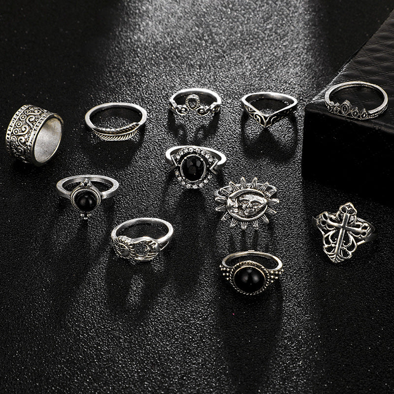 Fashion Vintage Carved Sun Feather Cross Black Gem Ring 11 Piece Set Set