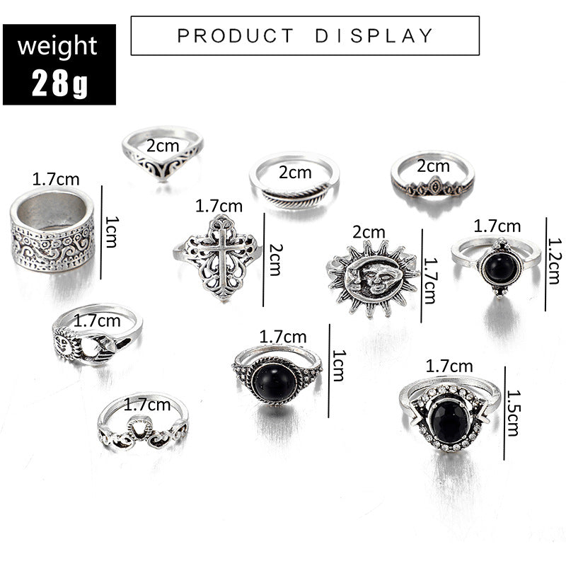 Fashion Vintage Carved Sun Feather Cross Black Gem Ring 11 Piece Set Set