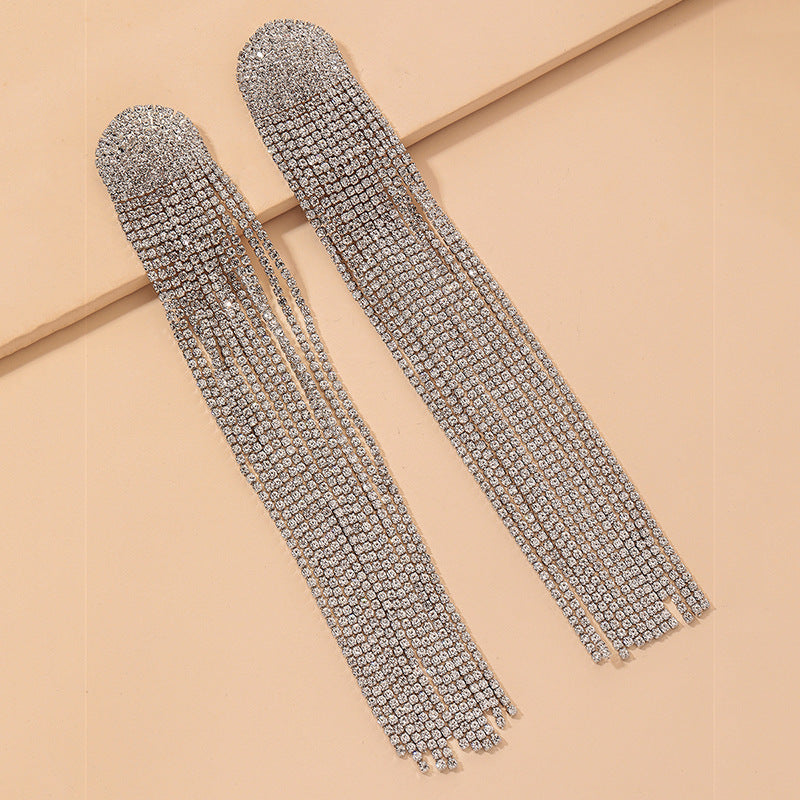 Fashion Full Rhinestone Long Tassel Earrings