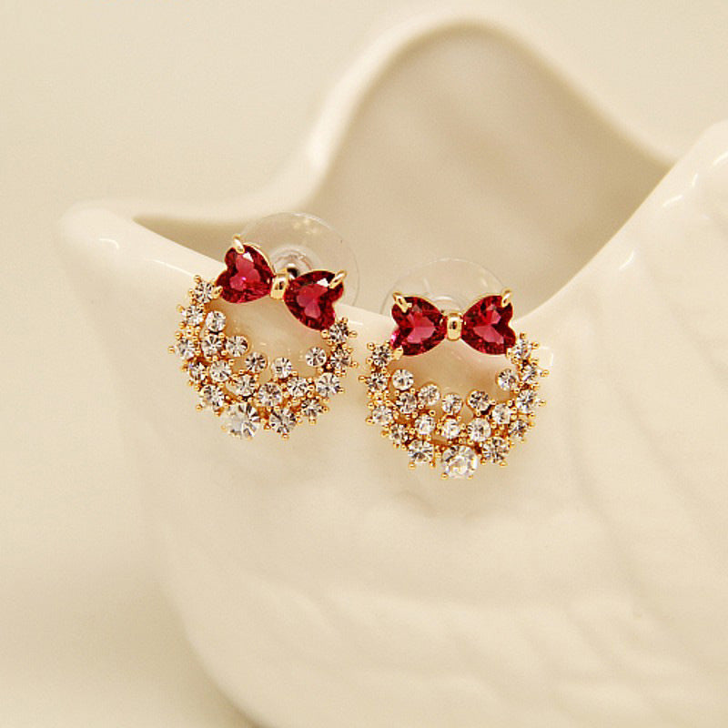 Korean Bow Rhinestone Heart-shape Alloy Earrings