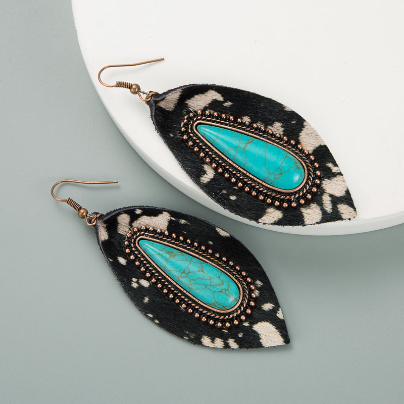 1 Pair Elegant Leopard Inlay Pu Leather Alloy Turquoise Turquoise Drop Earrings