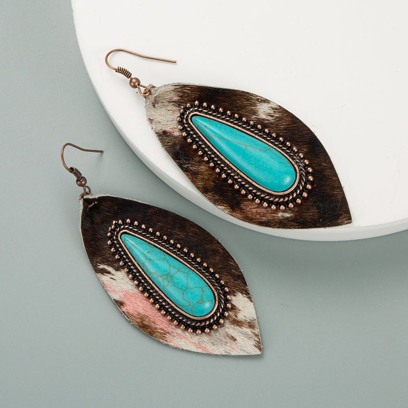 1 Pair Elegant Leopard Inlay Pu Leather Alloy Turquoise Turquoise Drop Earrings