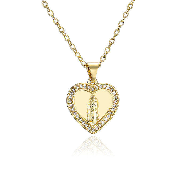 Retro Heart Virgin Mary Pendant White Zirconium Necklace