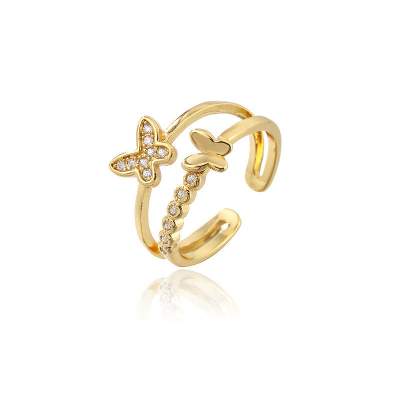 Simple Double-layer Butterfly Gold-plated Micro-inlaid Zircon Ring