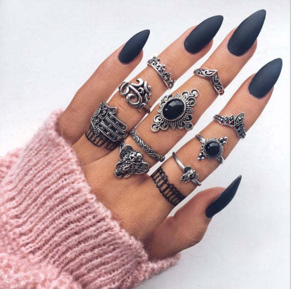 Fashion Geometric Stars Feathers Turquoise Diamond Ring Set
