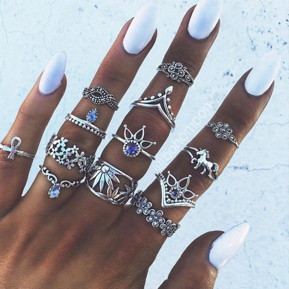Fashion Geometric Stars Feathers Turquoise Diamond Ring Set