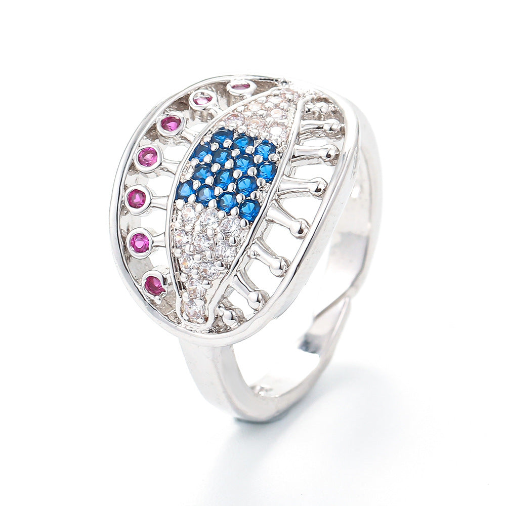 Fashion Colored Micro-inlaid Diamond Oval Eye Hollow Ring