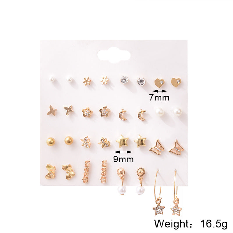 Simple Geometric Alloy Small Earrings Set 16 Pairs One Card