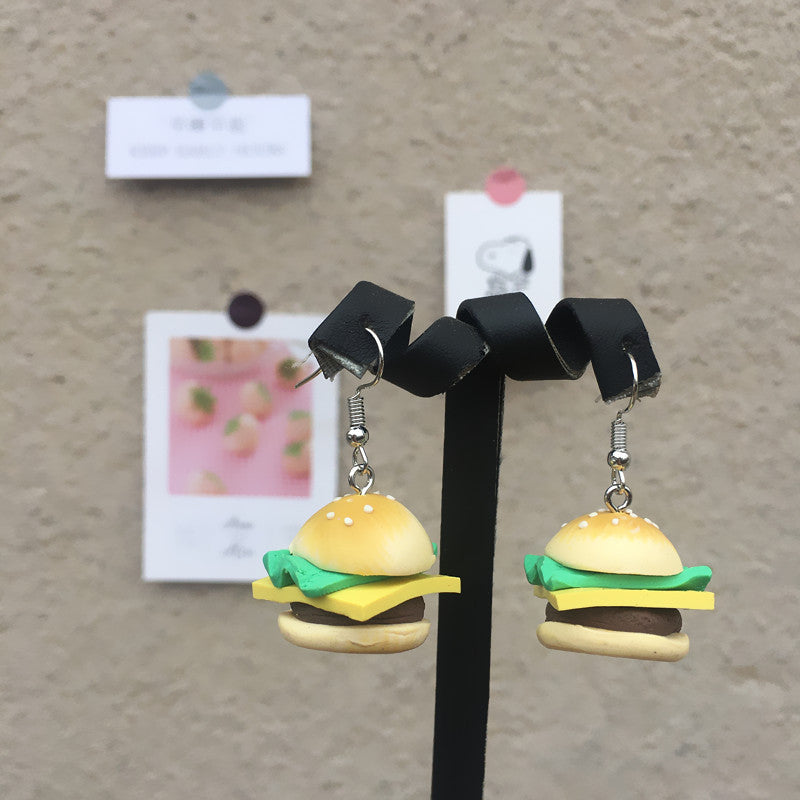 Creative Hand-made Soft Pottery Burger Earrings Cute Funny Ear Clips