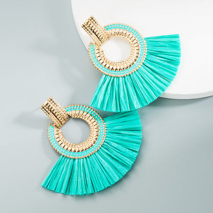 Gooddiy Bohemian Ethnic Fan-shaped Raffia Fringe Earrings Wholesale Jewelry