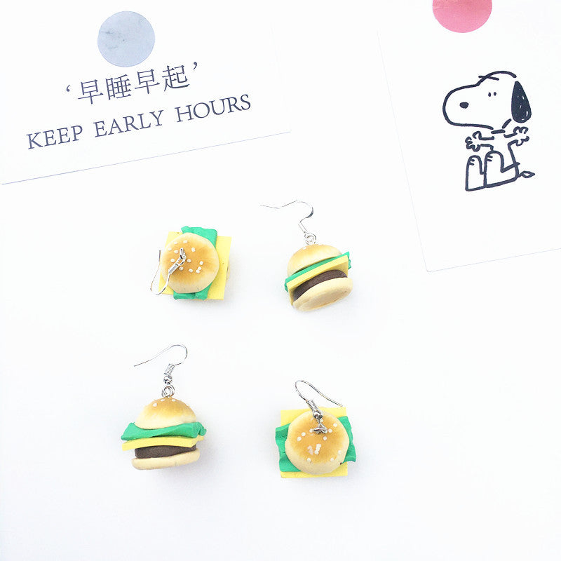 Creative Hand-made Soft Pottery Burger Earrings Cute Funny Ear Clips