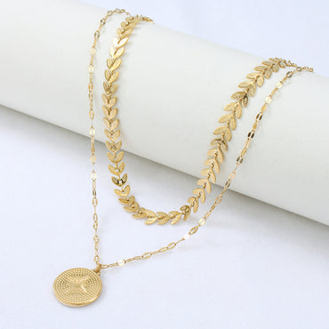 Round Tag Stainless Steel Pendant Leaf Chain Retro Double Layered Necklace Wholesale Gooddiy