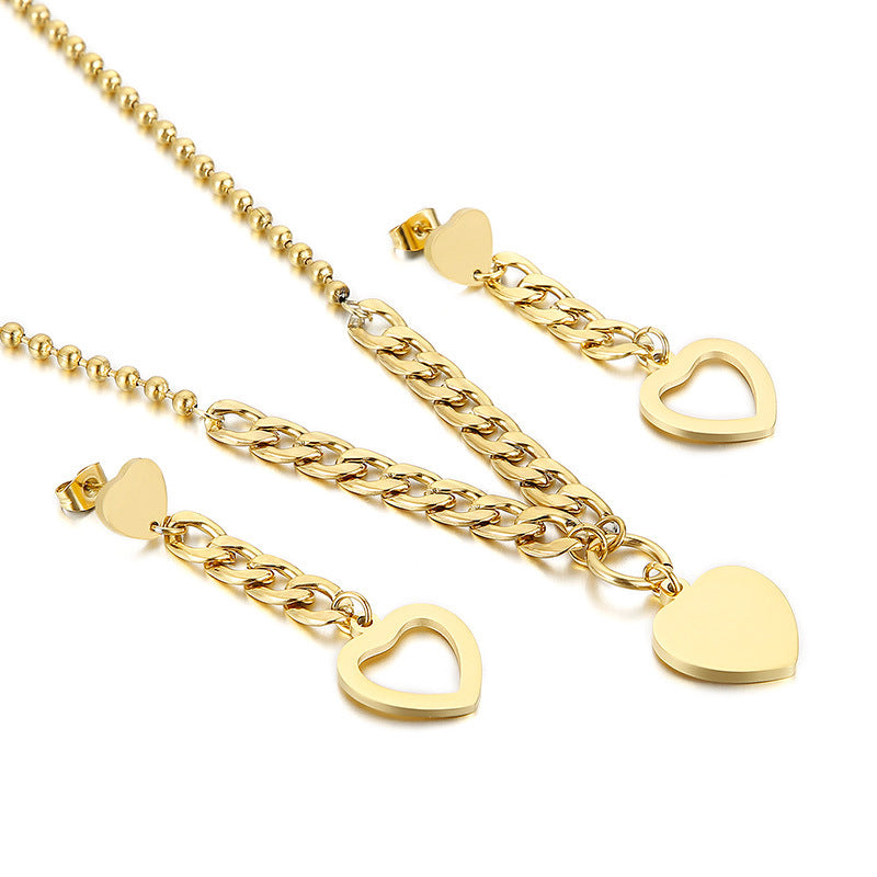 New Simple Stainless Steel Heart-shaped Earrings Necklace Set Wholesale Gooddiy