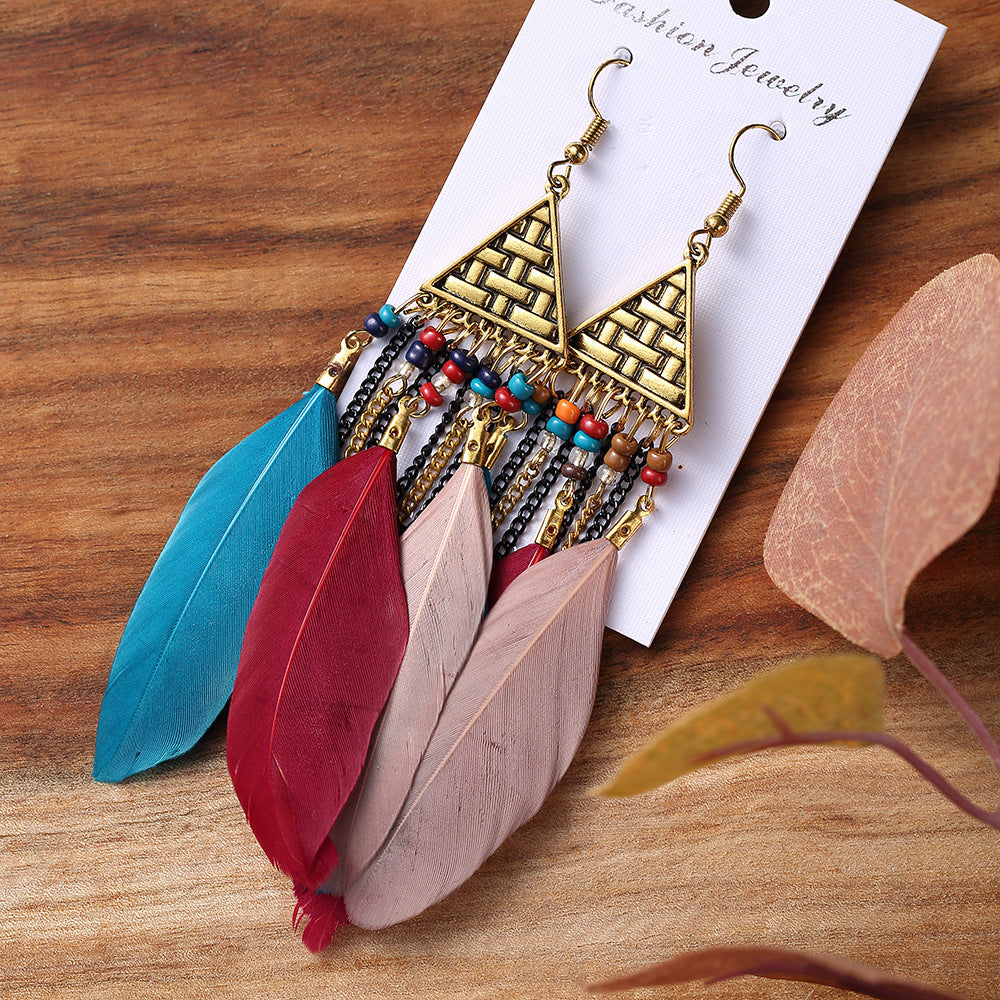 Triangle Multi-layer Chain Long Feather Retro Tassel Alloy Earrings