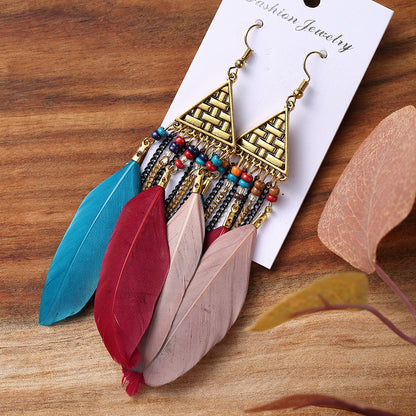 Triangle Multi-layer Chain Long Feather Retro Tassel Alloy Earrings