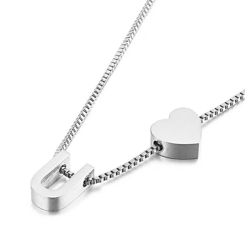 Europe And America Cross Border New Fashion All-match Peach Heart 26 Letters Love Letter Titanium Steel Necklace Supply Wholesale