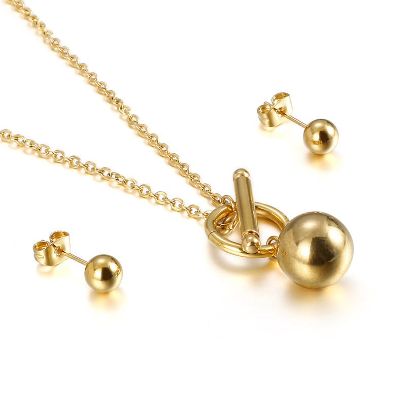 Simple Fashionable Golden Ball Ot Buckle Necklace Earrings Stainless Steel Set Wholesale Gooddiy