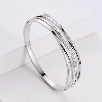 Korean Simple Stainless Steel Striped Three-color Rhinestone Bracelet Wholesale Gooddiy