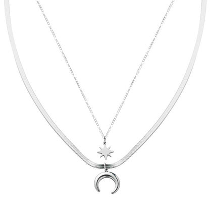 Simple Double-layer Star Moon Titanium Steel Pendant Snake Bone Necklace Wholesale Gooddiy