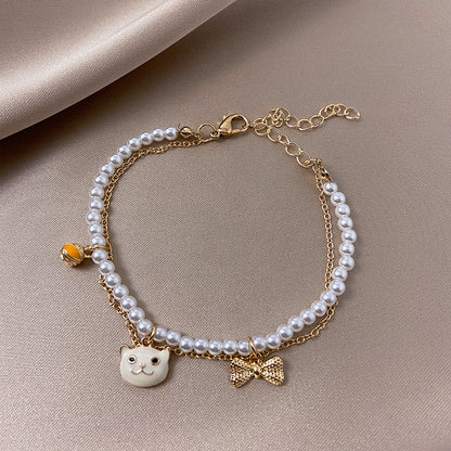 Simple Double Pearl Dream Catcher Pendant Crystal Bracelet