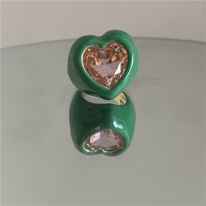 Fashion Large Gemstone Color Enamel Spray Paint Heart-shaped Ring Wholesale Gooddiy