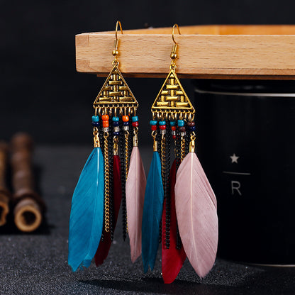 Triangle Multi-layer Chain Long Feather Retro Tassel Alloy Earrings