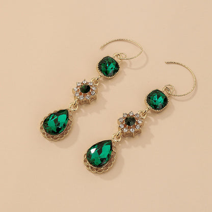 Retro Green Inlaid Rhinestone Water Drop Flower Ear Hook Wholesale Gooddiy