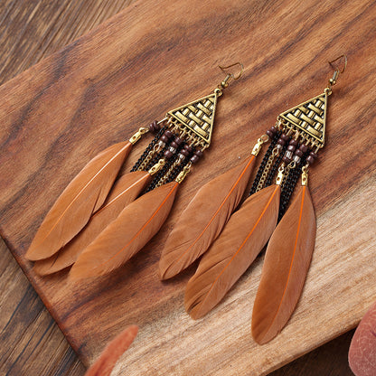 Triangle Multi-layer Chain Long Feather Retro Tassel Alloy Earrings