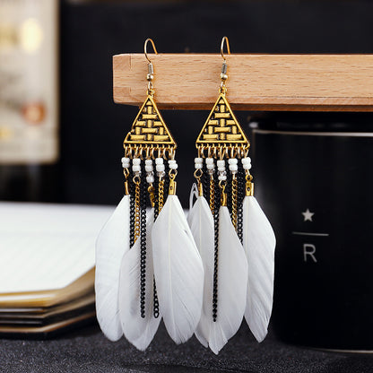 Triangle Multi-layer Chain Long Feather Retro Tassel Alloy Earrings