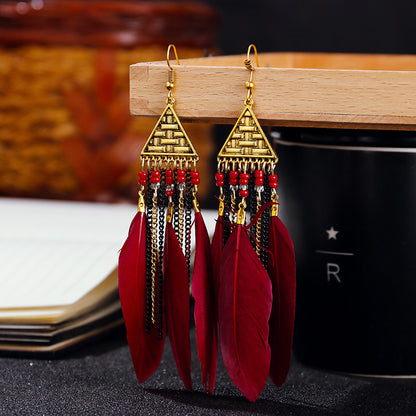 Triangle Multi-layer Chain Long Feather Retro Tassel Alloy Earrings